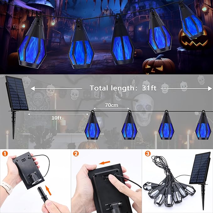 Solar String Lights for Outside, 21Ft Solar Patio Lights with 10 Flickering Flame Light Bulbs, Waterproof Blue Solar Powered Outdoor Lights for Garden Yard Patio Gazebo Bistro Cafe Porch Party Decor