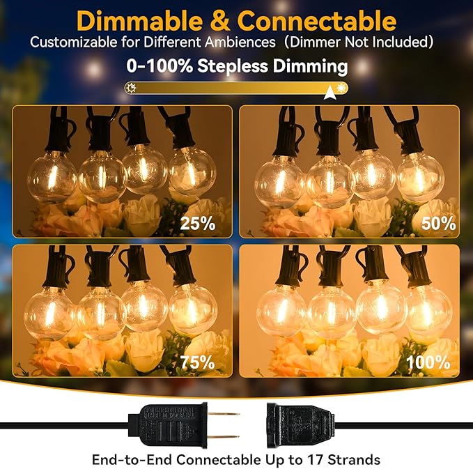100ft Outdoor String Lights Waterproof/Connectable/Dimmable with 52 LED Shatterproof Bulbs,2-Pack 50ft UL Listed | Lumora