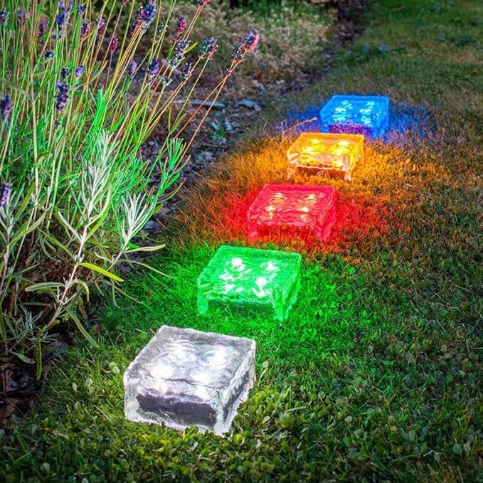 4 Pack Solar Path Ice Cube Lights Outdoor, Waterproof Glass LED Glass Clear Brick in-Groud Buried Festive Light Night Lamp for Garden Courtyard Pathway Patio Pool Pond Decoration(RGB)