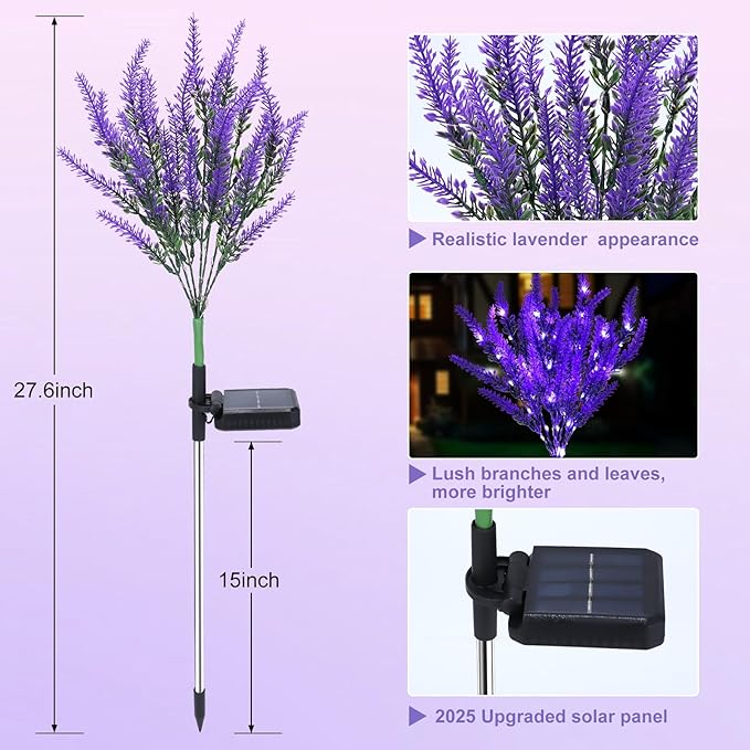 6 Pack Lavender Solar Garden Lights – Outdoor Waterproof Solar Flowers with LED, Solar Powered Garden Décor for Pathway, Yard, Patio, Lawn, Halloween & Seasonal Decoratio