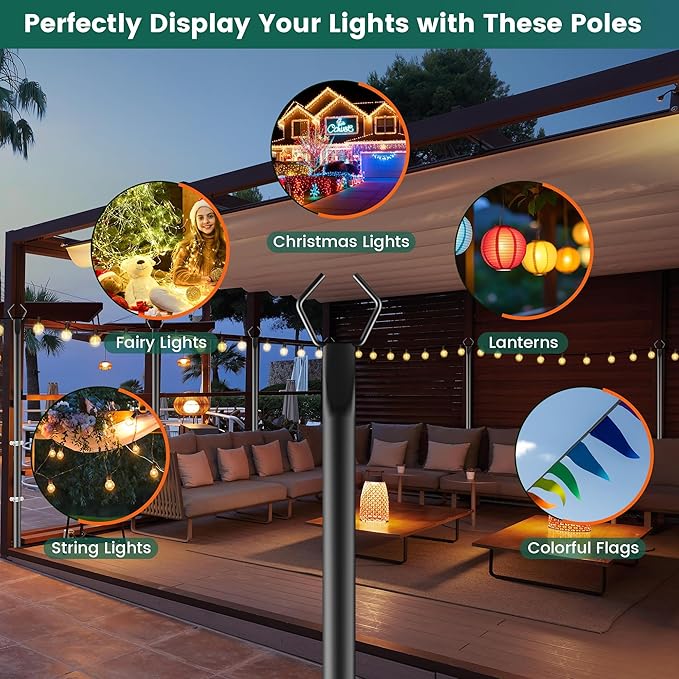 OHLUX 2 Pack 10FT String Light Poles, Outdoor Poles with Fence Brackets for Hanging Lights, Metal Stand for Patio | Lumora