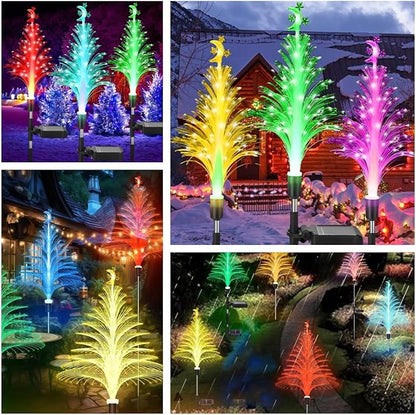Solar Christmas Tree Pathway Lights-Outdoor Garden Waterproof 7 Color Changing 3Pcs Fiber Optic Jellyfish Lighting Decor for Garden Lawn Patio