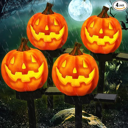 Retisee Halloween Solar Lights Pumpkin Pathway Waterproof Outdoor Pumpkin Decor Jack O Lantern Solar Lights for Orange Yard Patio Garden(4 Pack)