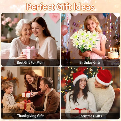Solar Garden Lights 4 Pack 16 White Lily Flowers, Gifts for Mom Woman Birthday Outdoor Solar Flower Lights,Cemetery Flowers for Grave - Decorative Lilies for Yard, Patio, Pathway Decorations