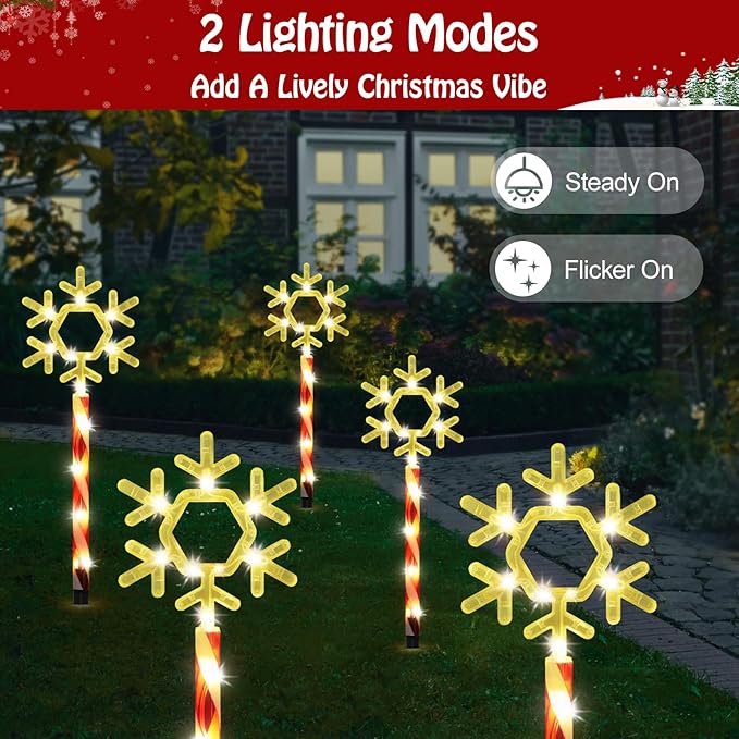 Lewondr Solar Christmas Pathway Lights, 5 PCS Solar Christmas Decorations Outdoor with 2 Lighting Modes, Clear Snowflake Lights with Red Pole and Garden Stake, Waterproof Yard Lawn Patio Holiday Decor