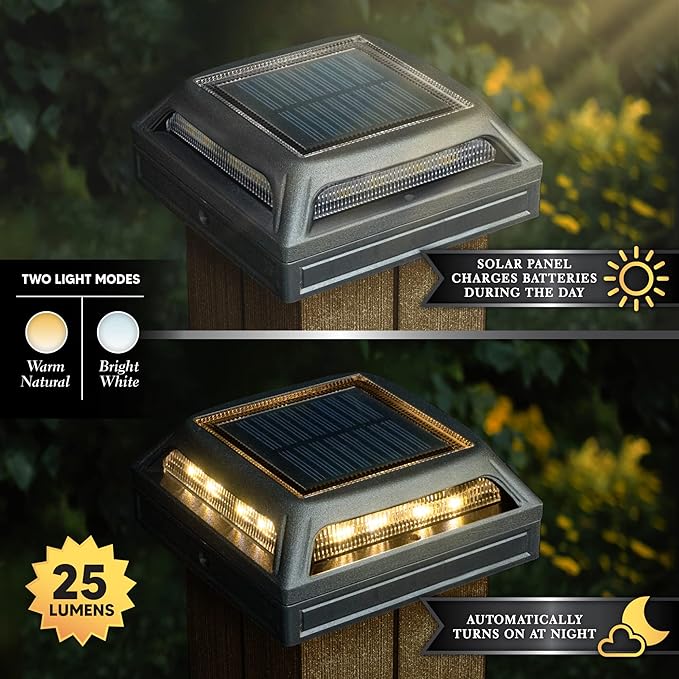 Classy Caps Muskoka Universal Solar Light, SLD505B, Warm and Cool Light Modes, Fits 3.5x3.5 & 4x4 Posts, Black Aluminum, Solar-Powered, Auto On, Durable Design, Ideal for Posts, Paths, Gardens