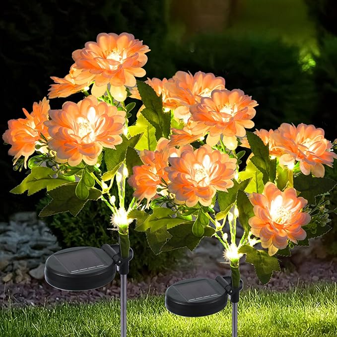 Solar Lights Outdoor Waterproof, 2 Pack Solar Garden Lights with 14 Realistic Dahlias/Zinnia, Garden Decor for Outside, Solar Powered Outdoor Lights for Yard, Garden Decorations, Patio Decor