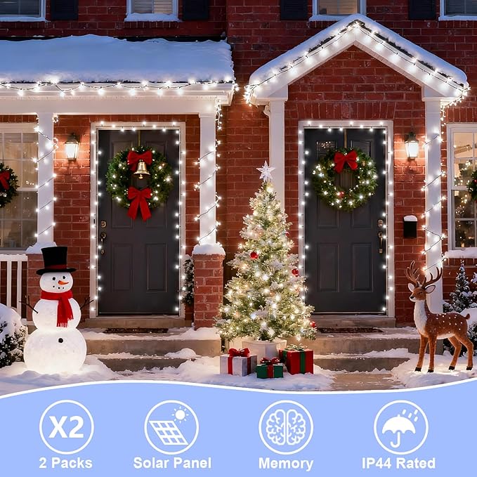 QITONG Solar Christmas Lights Outdoor Waterproof, 2 Pack Each 66ft 200 LED Christmas String Lights, 8 Modes Green | Lumora
