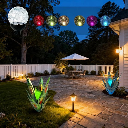 NUENUN Solar Globe Lights Cracked Glass Ball,Garden Decor Outdoor Waterproof,Globe Lighting for Tequila Sculpture Metal Agave Plant Home Decor Balcony Backyard