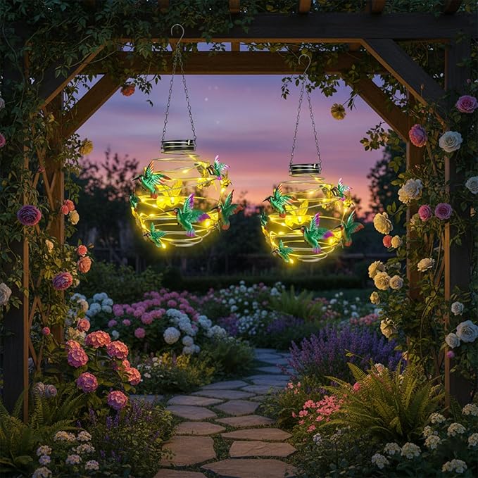 2 Pack Hummingbird Solar Lights Outdoor Hanging Lantern with Handle, Solar Powered Hummingbird Garden Decor for | Lumora