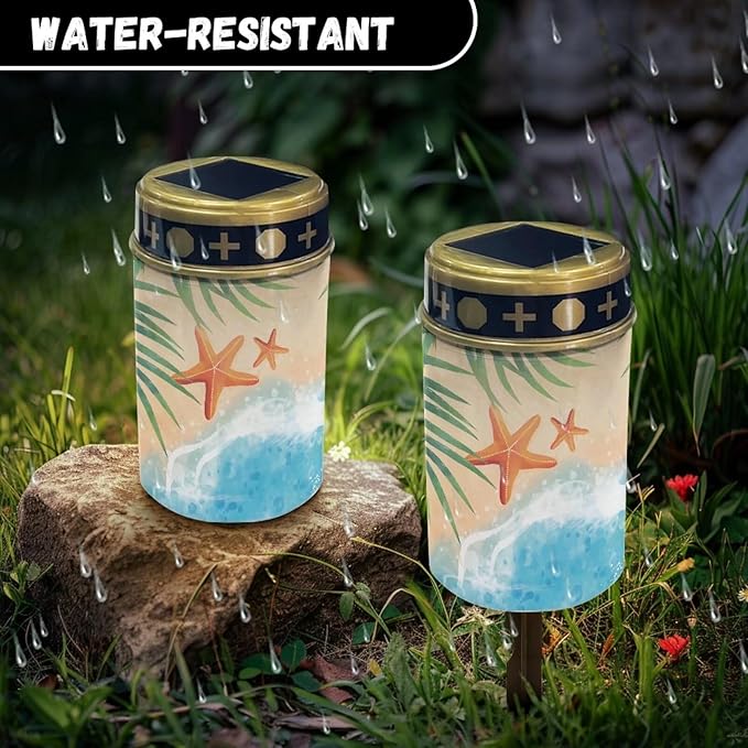 Beach Element Solar Dusk to Dawn Lights Outdoor Waterproof Solar Memorial Lights for Graves Eternal Light Solar Powered Light,Cemetery Decor Candle Lamp Grave Decorations