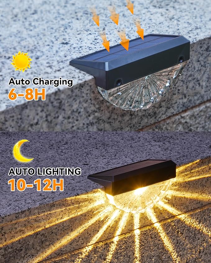 Solar Fence Lights,80 Lumens Warm White & White LED Solar Deck Lights,IP65 Waterproof Solar Lights Outdoor for Backyard, Patio, Deck Railing, Stair Handrail, Pool and Wall,8 Pack