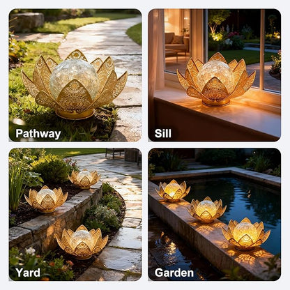 Solar Lights Outdoor Waterproof Lotus Flower Metal Yard Art Decoration Crackle Globe Glass Solar Lamp Garden Decor for Outside, Flowerbed Lawn Patio Porch Pathway Pond Decorations