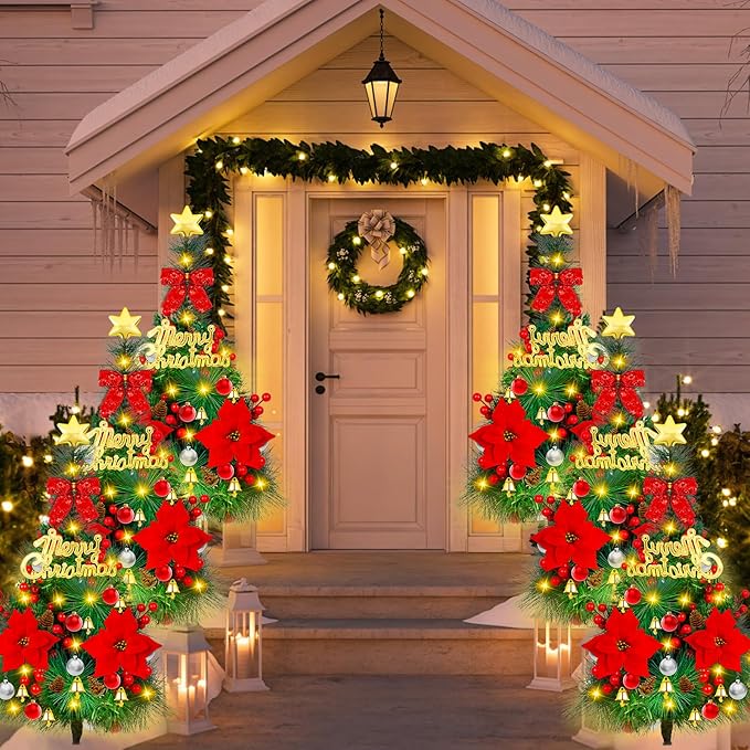 2 Pack 30 inch Solar Xmas Tree Light Outdoor Tree with 30 LED Lights, Pinecones, Star and Bells, Waterproof Christmas Pathway Light Solar Christmas Decorations for Yard Garden Lawn Walkway