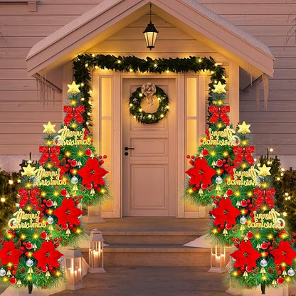 2 Pack 30 inch Solar Xmas Tree Light Outdoor Tree with 30 LED Lights, Pinecones, Star and Bells, Waterproof Christmas Pathway Light Solar Christmas Decorations for Yard Garden Lawn Walkway