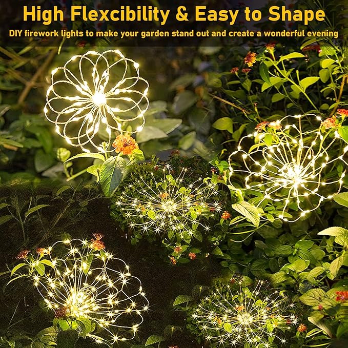 yowin Solar Fireworks Lights for Outside 2 Pack 120 LEDs Solar Garden Decor, 8 Modes Sparkler Light Outdoor Waterproof Starlit Starburst Lights for Yard Flower Bed Lawn Path Decorations - Warm White