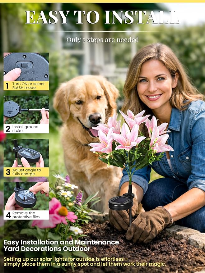 GIGALUMI Solar Garden Lights, LED Lily Garden Decor Carefree Solar Flowers Outdoor Waterproof, Yard Decorations Outdoor, Allergy-Free, Everlasting Light up Flowers for Yard Patio Garden (Set of 4)