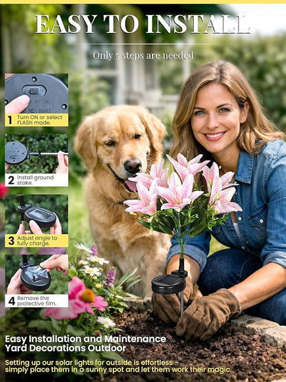 GIGALUMI Solar Garden Lights, LED Lily Garden Decor Carefree Solar Flowers Outdoor Waterproof, Yard Decorations Outdoor, Allergy-Free, Everlasting Light up Flowers for Yard Patio Garden (Set of 4)