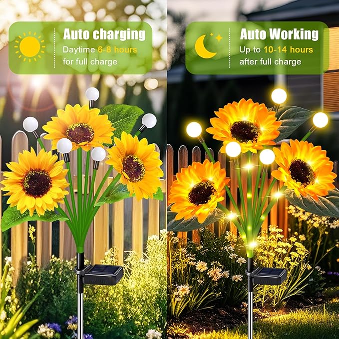 Solar Sunflower Lights 2 Pack Waterproof LED Firefly Garden Decor for Mom Grandma
