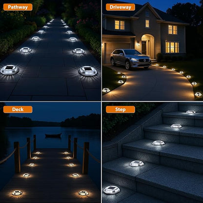 Solar Deck Lights,8 Pack Driveway Dock Light 2 Colors in 1 Solar Powered Lights Outdoor IP68 Waterproof Driveway Marker for Warning Step/Garden/Sidewalk/Pathway/Yard (Warm White & Cool White)