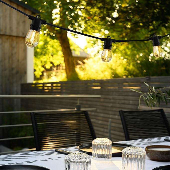 YULETIME 35 Feet 18 LED Solar Powered Patio String Lights, E26 Base with S14 Bulb Dimmable Weatherproof Backyard Light Bistro Lights (18 Lights - Solar Powered)