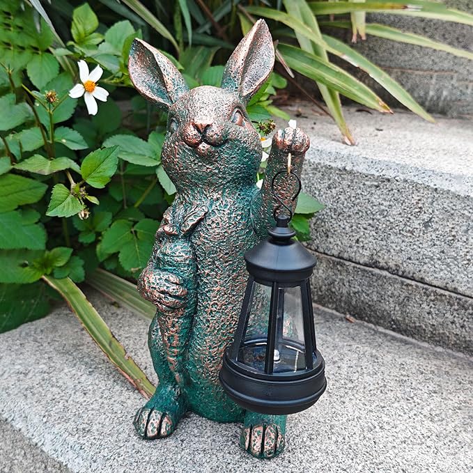 Solar Garden Statues -Rabbit Lantern Outdoor Handmade Resin Statue with LED Light, Cute Carrot Holder for Patio | Lumora