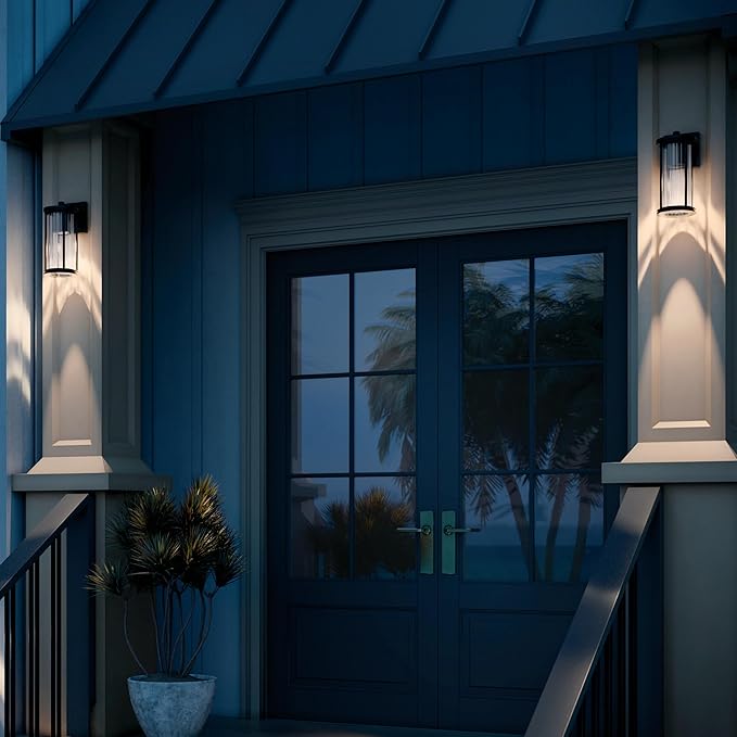 Kichler Barras 11.5" 1-Light Outdoor DarkSky Approved Wall Sconce with Clear Ribbed Glass in Black, Vertical Mount | Lumora