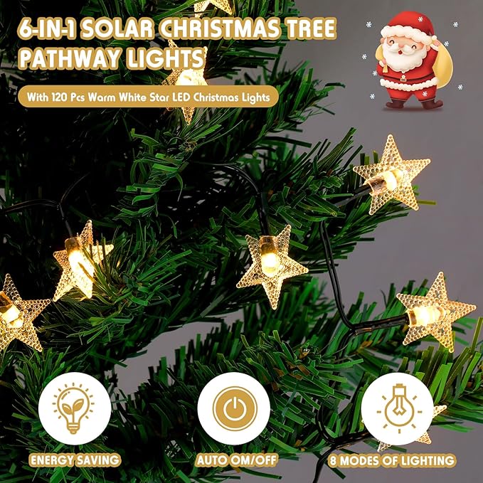 Retisee 6 Pack Solar Christmas Tree Pathway Lights Decorations Outdoor LED Star 8 Modes Prelit Small Christmas Tree Waterproof Solar Stake Lights for Garden, Yard, Lawn, Cemetery