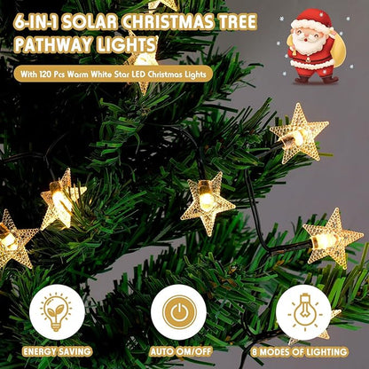 Retisee 6 Pack Solar Christmas Tree Pathway Lights Decorations Outdoor LED Star 8 Modes Prelit Small Christmas Tree Waterproof Solar Stake Lights for Garden, Yard, Lawn, Cemetery