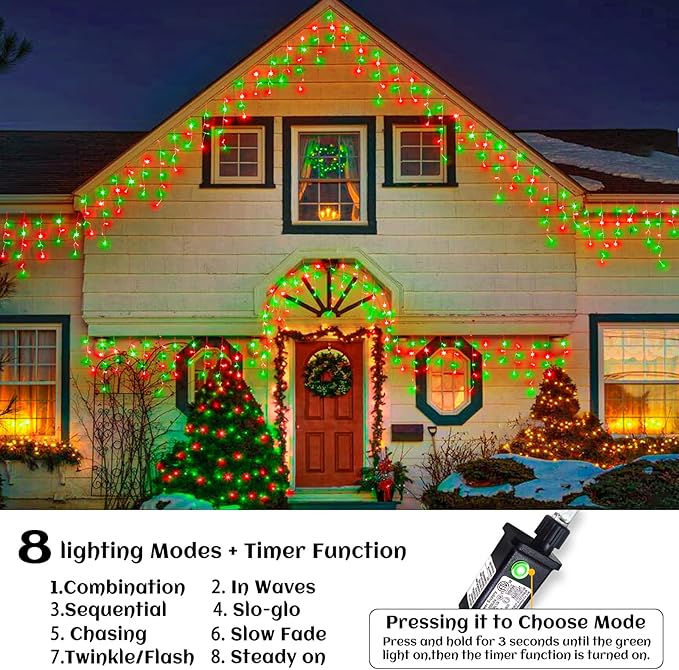 33ft Icicle Lights for Outside, Red and Green Christmas Lights Outdoor Indoor, 400 LED Twinkle String Lights with | Lumora