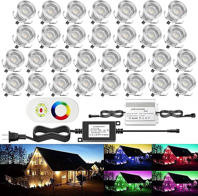 30Pcs LED Deck Light Kit 0.1W-0.3W Low Voltage RGB Outdoor Lighting 6Lm IP67 Waterproof Outdoor Black Border Step | Lumora