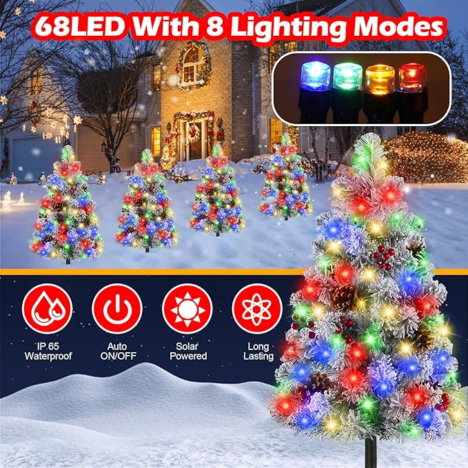 Brightever Solar Christmas Tree Lights Snow Flocked, 68LED Christmas Outside Decor with 8 Lighting Modes, Pine | Lumora