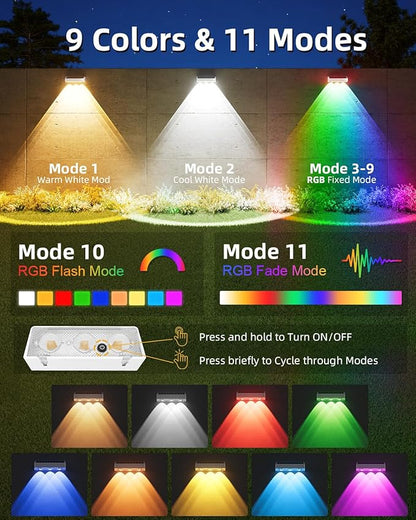 Solar Fence Lights Outdoor, 9 Fixed Colors ＆ Color Changing Fence Lights Solar Powered Waterproof IP65 Dusk-to-Dawn LED Deck Lighting for Patio, Railing, Pool, Porch, Backyard, Wall, 12 Pack