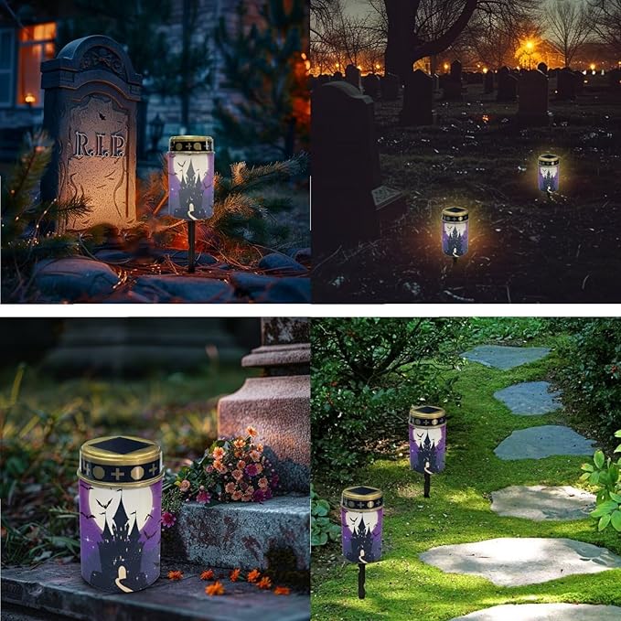 Halloween Solar Lights Outdoor Waterproof Cemetery Solar Lights 2 Pcs Solar Cemetery Decorations for Grave Solar Lights for Cemetery Gravesite