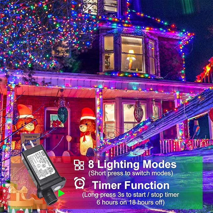 800 LED Christmas Tree Lights, 262FT Christmas Lights Outdoor Indoor, Waterproof 8 Modes Plug in Christmas Decorations Green Wire for House Patio Party Holiday Decorations, Multicolor