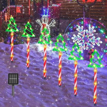 Solar Christmas Pathway Lights Outdoor Decorations, Christmas Decorations, 8 Modes Xmas Tree Candy Lights Waterproof Led Garden Stake Light for Walkway Yard Lawn Porch Holiday Decor-6 Pack
