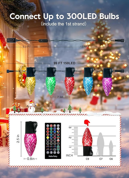 Brightown C9 LED Christmas Lights Outdoor, 150LED RGB Smart Christmas Tree Lights Music Sync DIY APP Controlled, Waterproof Connectable C9 String Lights for House Indoor Patio Xmas Decoration