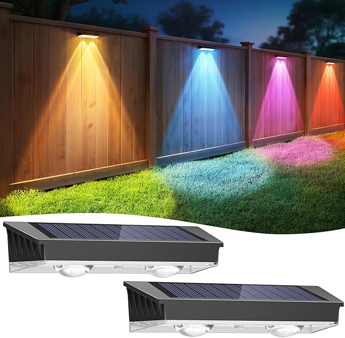 Fence Lights Solar Powered 2 Pack, Warm White & RGB & Color Changing Solar Fence Lights Outdoor, IP65 Waterproof Backyard Decoration for Patio, Deck, Pool, Step