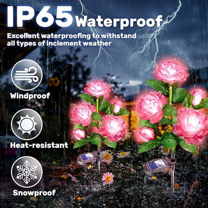 Anordsem Solar Garden Lights Outdoor: 10 Artificial Fabric Pink Roses Flowers 2 Pack- LED Flower Decorations for Cemetery Grave Pathway Yard- Birthday Gifts for Women, Wife and Mother