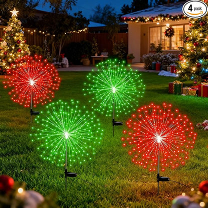 4th of July Decorations Outdoor 4 Pack Colored Solar Firework Lights with 180 LED Patriotic Solar Lights 8 Lighting Modes for Yard Pathway Garden Patio Party Decorations(Red Green)