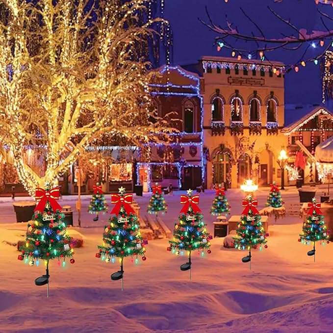 KHOYIME Solar Christmas Tree 4 Pack 33.5in Outdoor Waterproof Solar Powered Prelit Xmas Tree with 80 LED Lights 2 Flashing Modes 136 DIY Xmas Ornaments Holiday Decoration for Garden Pathway Yard Patio