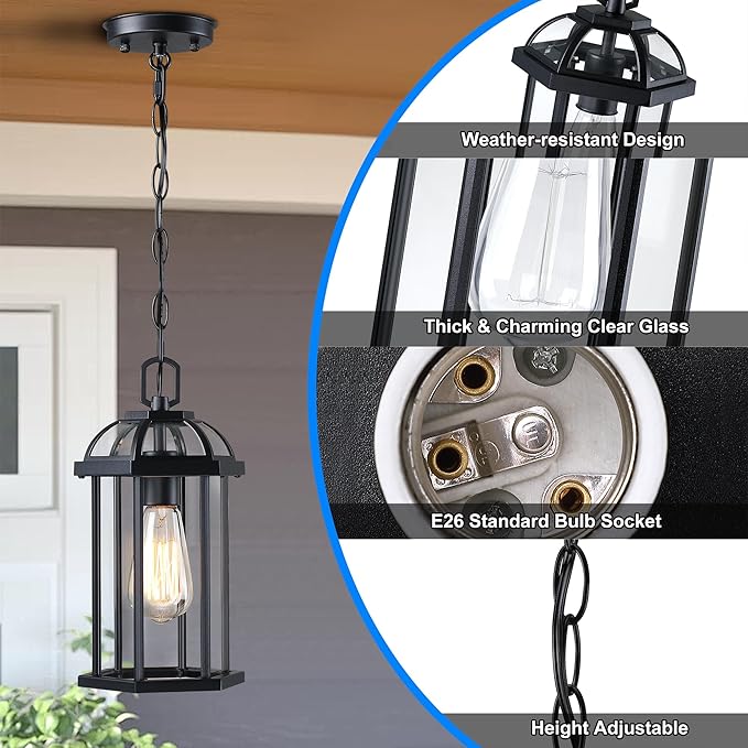 Outdoor Pendant Light,Modern Hanging Porch Light,Black Exterior Pendant Lighting Fixture, Outdoor Chandelier for | Lumora