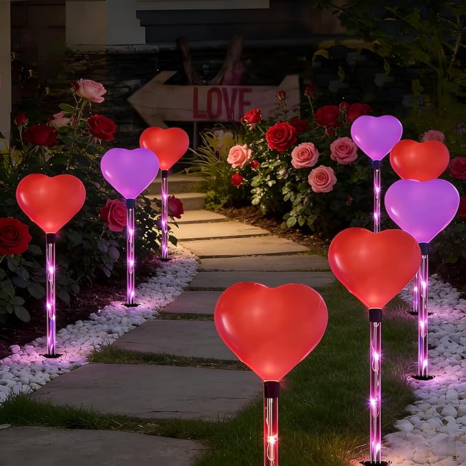 6 Packs Outdoor Pathway Lights-Solar Powered Heart Garden Path Stake for Valentines Day Decor Waterproof Red Pink Hearts Shaped Lighting for Porch Walkway Romantic Wedding Party Yard Lawn Decorations