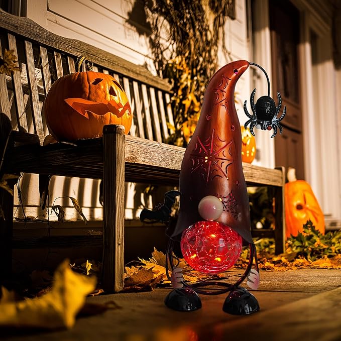 Halloween Decorations Outdoor Gnome Solar Lights, Color Changing LED Lights with Spider Web Hollowed-Out Hat | Lumora