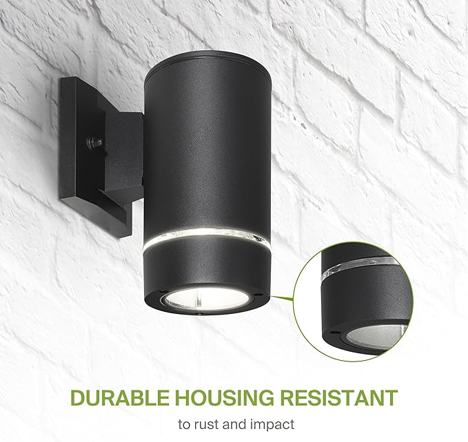 ASD 1 Light LED Indoor & Outdoor Wall Light Fixture | 9W 580LM 3000K-5000K 100-277V Cylinder Up Down Lights | Dimmable Exterior Wall Sconce | Front Door, Porch, Patio | Ringed Black, ETL 2 Pack