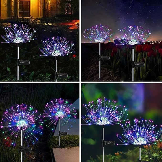 Solar Firework Lights 2Pcs Garden Lights Outdoor Waterproof, 120 LED with 8 Modes Twinkling and Steady-On, Festive daysStarburst Lights for Path, Patio, Yard (Colorful)