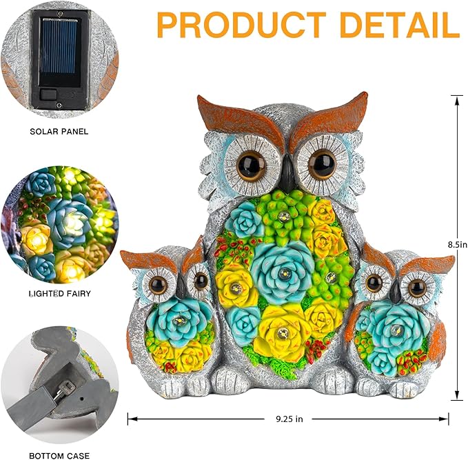 Solar Garden Statue Owl Decor – Cute Owl Family Figurines with LED Succulent Lights, Waterproof Outdoor Yard Art | Lumora