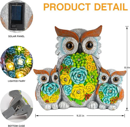 Solar Garden Statue Owl Decor – Cute Owl Family Figurines with LED Succulent Lights, Waterproof Outdoor Yard Art Ornaments for Patio, Lawn, Porch, Housewarming Gifts for Women Mom