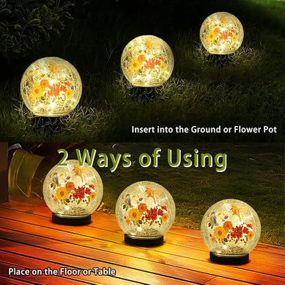 Solar Globe Lights Outdoor Waterproof, Cracked Glass Ball Orb Lights, Waterproof Globes for Garden Pathways, Patio Decor & Backyard Landscaping, Round Ornaments Orbs (Red-Yellow Flower)