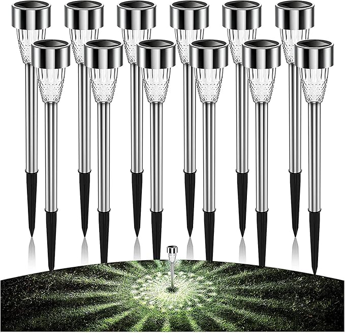 12 Packs Solar Pathway Lights - Stainless Steel Waterproof Auto On/Off Dusk to Dawn - Outdoor Security Flood Light | Lumora